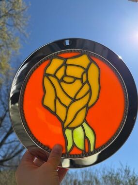 Vintage Yellow Rose Stained Glass Suncatcher